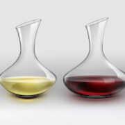 Vector classical glass decanter with red wine and decanter with white wine, on gray gradient background